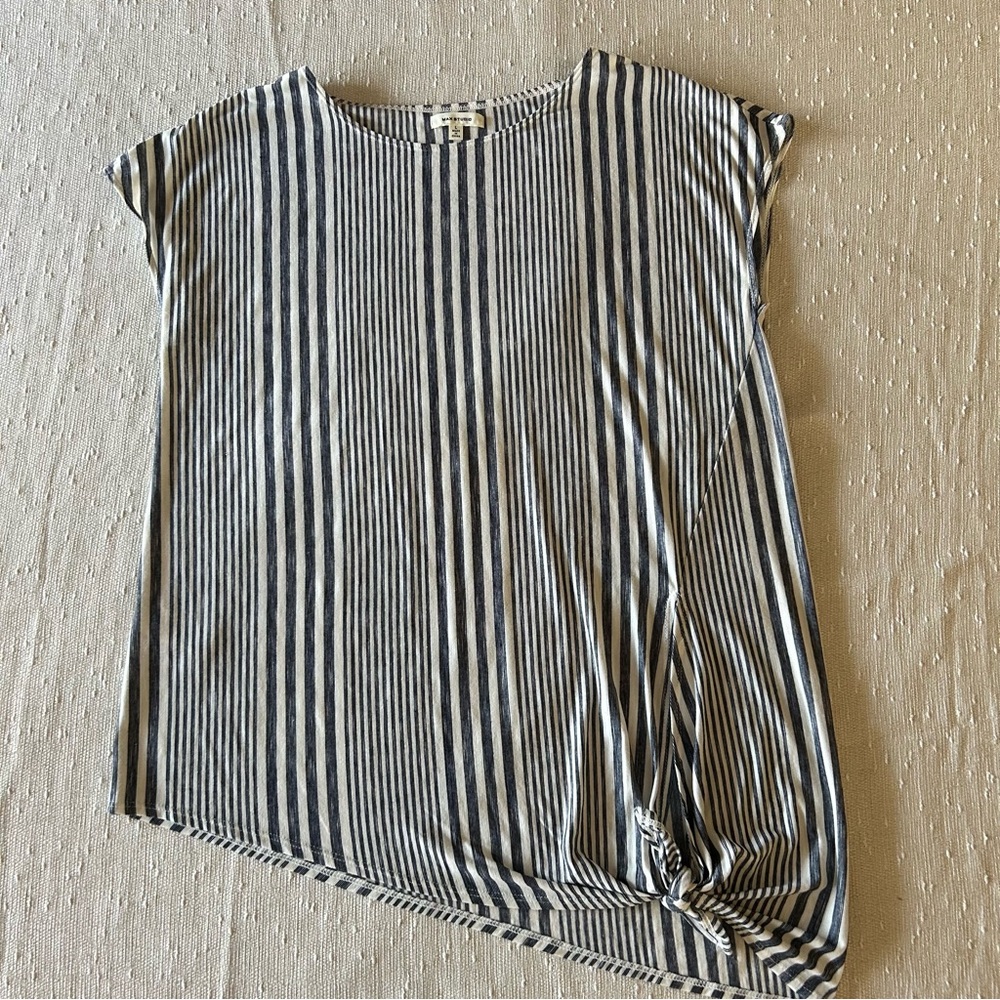 Striped Blue and White Slant Hem Tie Waist Women's Top
